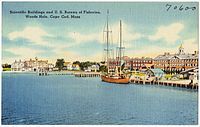 Postcard of U.S. Bureau of Fisheries buildings at Woods Hole, from sometime between c. 1930 and c. 1945.