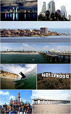 Southern California Images top to bottom, left to right: San Diego Skyline, Downtown Los Angeles, Village of La Jolla, Santa Monica Pier, Surfer at Black's Beach, Hollywood Sign, Disneyland, Hermosa Beach Pier