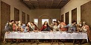 レオナルド・ダ・ビンチの『最後の晩餐』。新約聖書の福音書に書かれている、イエス・キリストが（自分は十字架にかかると本当は知っていながら）弟子たちと最後の食事をとりつつ、大切なことを伝える場面を絵画にしたものである。中心の人物が「イエス・キリスト」（という設定）であるが、この絵画でイエス・キリストとしてポーズをとったモデルの男性は「Pietri Bandinelli」という名だと、判明している[4][注 2]