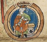 Miniature d'Æthelbald dans une généalogie royale du xive siècle (British Library, Royal MS 14 B VI).