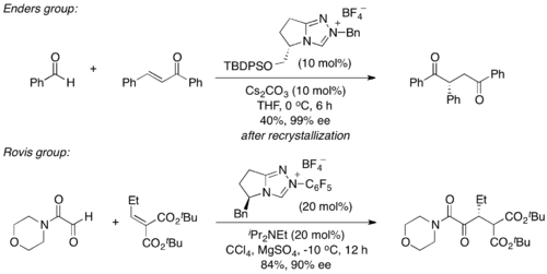 Scheme 12. First Asymmetric Intermolecular Stetter Reactions