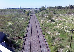 Vista de las vías del FCGR (sentido a Mar del Plata) desde el puente de la Ruta Provincial 6.