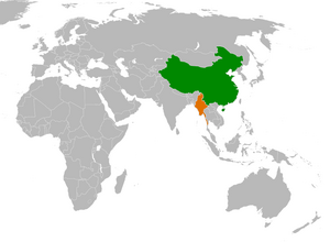 Mapa indicando localização da China e do Mianmar.