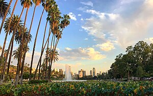 Echo Park Lake, with the Downtown Los Angeles skyline in the background
