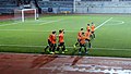 Jugadores del Meralco Manila celebran un gol ante el Davao Aguilas el 23 de septiembre de 2017