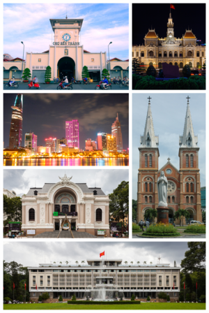 Searah jarum jam: Balai Kota Ho Chi Minh; Basilika Notre-Dame Saigon; Istana Reunifikasi; Teater Kota; pemandangan Distrik 1; Pasar Bến Thành