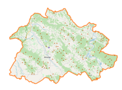 Mapa konturowa powiatu brzozowskiego, na dole po lewej znajduje się punkt z opisem „Zmiennica”