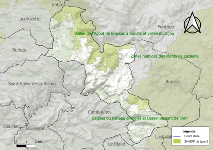 Carte des ZNIEFF de type 2 sur la commune.