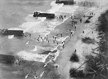 Aerial view of an amphibious beach landing