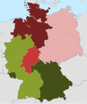 En rojo, los estados federados en los que los protestantes de la EKD superan a los católicos.
