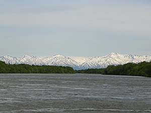 Вид на хребет Кумроч із заходу, з річки Камчатки