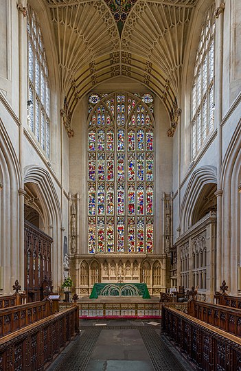 The interior looking towards the east stained glass windows