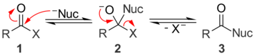Mekanisme umum untuk substitusi asil nukleofilik dikatalisis basa.