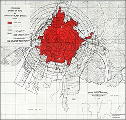 原爆による火災消失分布図 / 己斐川で火の手が止まり、己斐地区の全域が被爆火災による消失から免れたことがわかる。