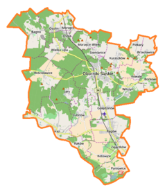 Mapa konturowa gminy Oborniki Śląskie, blisko centrum po lewej na dole znajduje się punkt z opisem „Uraz”