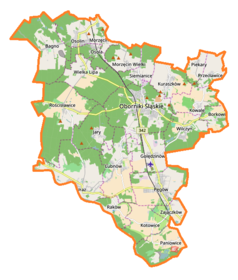 Mapa konturowa gminy Oborniki Śląskie, u góry znajduje się punkt z opisem „Pałac w Siemianicach”