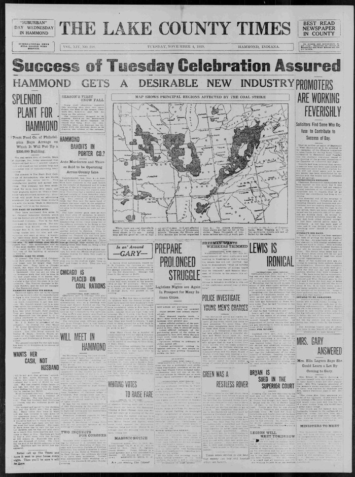 alt=Caption Reads: While there are coal deposits in many of the states of the union those shown in the accompanying map are the greats sources of supply and the ones which are affected chiefly by the strike of bituminous miners. Because the Illinois and Ohio miners are better organized than are the miners elsewhere, those states are hardest hit by the strike. Many thousands of non-union miners are still at work, particularly in the fields of Pennsylvania, West Virginia and Utah. The anthracite miners are not affected by the strike -The Lake County Times, November 4, 1919