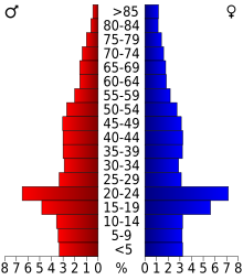 Schéma représentant la population du comté, par tranche d'âge. En rouge, à gauche, les femmes, en bleu à droite, les hommes.