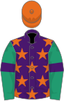 Purple, orange stars, emerald green sleeves, purple armlets, orange cap