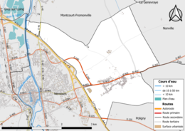 Carte en couleur présentant le réseau hydrographique de la commune