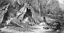 Un'incisione del XIX secolo di un accampamento indigeno australiano.