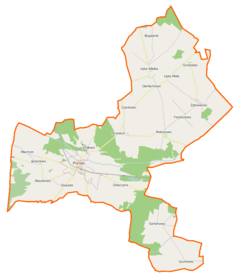 Mapa konturowa gminy Poniec, blisko centrum na lewo znajduje się punkt z opisem „Poniec”