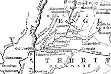 Cherry Valley lies south of the Mohawk River and east of the northern end of Lake Otsego. Unadilla is southwest, near where the Unadilla River joins the Susquehanna. Onaquaga lies a short way further southwest, on the Susquehanna.