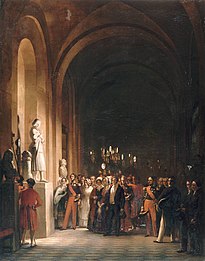 Le roi Louis-Philippe et la famille d'Orléans visitent la statue de Jeanne d'Arc dans les galeries de Versailles, toile d'Auguste Vinchon, 1848.