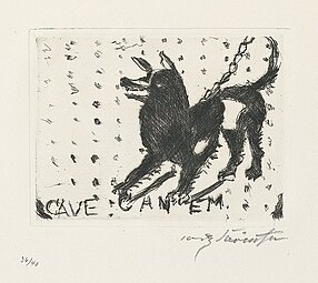 Illustration du Festin chez Trimalcion par Lovis Corinth, reproduisant le cave canem de la maison du Poète tragique de Pompéi.