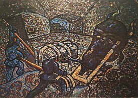 Sammon haku Pohjolan kivimäestä, jossa Lemminkäinen kyntää Pohjolan härällä irti Sammon juuret, Veikko Aaltonan mosaiikki vuodelta 1940