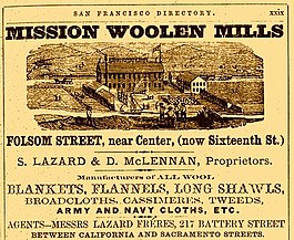 Advertisement showing Mission Woolen Mills located in the city of San Francisco in the year 1863.