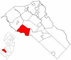 South Harrison Township highlighted in Gloucester County. Inset map: Gloucester County highlighted in New Jersey.