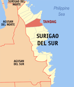 Mapa ng Surigao del Sur na nagpapakita sa lokasyon ng Tandag.