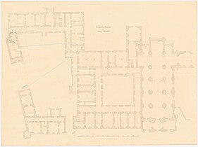 Palace floor plan of the ground floor; Water supply highlighted blue, scale strip without scale, references to other leaves of the construction recording