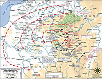 ドイツ軍がフランス北東部を進むことを示す線のある地図。