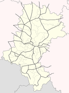 Mapa konturowa województwa śląskiego, blisko centrum na prawo znajduje się punkt z opisem „Łazy”