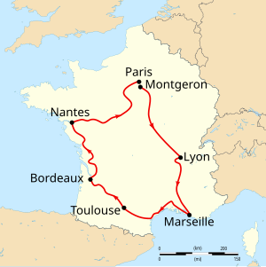 Map of France with the route of the 1903 Tour de France on it, showing that the race started in Paris, went clockwise through France and ended in Paris after six stages.