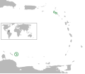 Em verde, a localização de Bonaire, Saba e Santo Eustáquio no Caribe