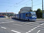 CarGoTram som lämnar fraktdepån i Dresden-Friedrichstadt