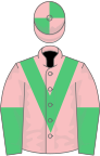 Pink, emerald green chevron, halved sleeves, emerald green and pink quartered cap