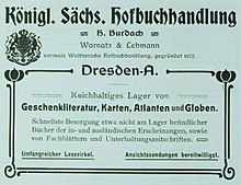 Werbeanzeige von 1904 für: Königl. Sächs. Hofbuchhandlung H. Burdach, Warnatz & Lehmann, vormals Walthersche Hofbuchhandlung, gegründet 1672, Dresden-A.