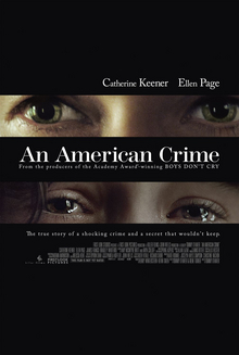 Against a black background, a tightly cropped image showing only Catherine Keener's glaring eyes appears above the title "An American Crime" in white. A similarly cropped image of Ellen Page's tear-filled eyes appears below the title, and just above the tagline "The true story of a shocking crime and a secret that wouldn't keep". The leads' names appear above the images.