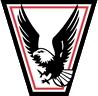 A black-and-white drawing of an eagle flapping its wings, overlayed on top of a red isosceles trapezoid bounded by a larger black isosceles trapezoid, with the longer base at the top and the shorter base at the bottom.