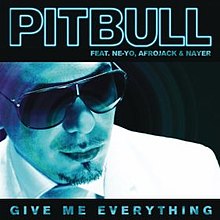 Monochromatic blue close-up of a goateed man wearing sunglasses and tilting his head downward. Above, the word "Pitbull" is written in large majuscule blue outline on a black background with "feat. Ne-Yo, Afrojack & Nayer" directly under in small majuscule font. Below, "Give Me Everything" is written in similar blue majuscule font.