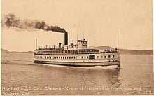 Monochrome postcard showing a steamboat at sail, smoke billowing behind. Text reads: "Monticello S. S. Co's. Steamer "General Frisbie"-San Francisco and Vallejo, Cal."