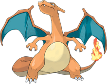 A bidepal orange firstly dragon with a cream underbelly stands facing the viewer. Its wing membranes are colored blue and it has a small fire on the tip of its tail. Its head is turned to the left and it is looking up toward the sky.