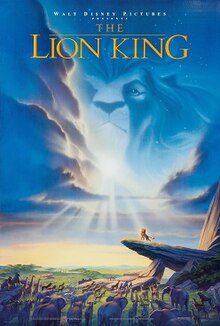 In an African savannah, several animals stare at a lion atop a tall rock. A lion's head can be seen in the clouds above. Atop the image is the text "Walt Disney Pictures presents The Lion King".
