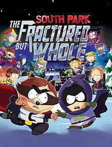 2D animated children in superhero costumes face each other preparing for battle against a snowy background. At the top of the image the title reads "South Park: The Fractured but Whole"