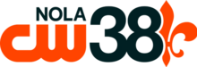 The CW logo in orange with the letters "N O L A" above it in a sans serif in black, right-aligned. Next to both on the right is a sans serif numeral 38. On the right, behind the 8, is half of a fleur-de-lis in orange.