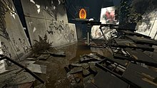 A screenshot of a chamber, swamped with water and overgrown vegetation. Parts of walls have fallen off from the sides of the room and have been painted with scenes of elements from the first game.